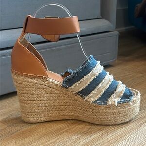 Marc Fisher Blue and Tan Denim Espadrille Wedge Sandals